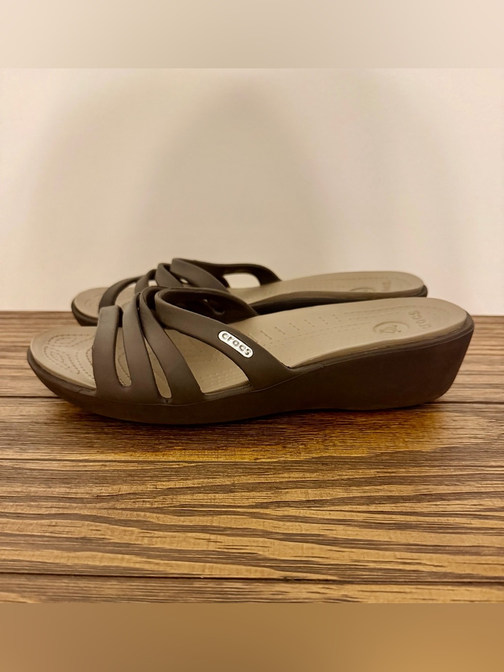 CROCS Women’s Brown Wedge Slide Sandals with Strappy Upper
